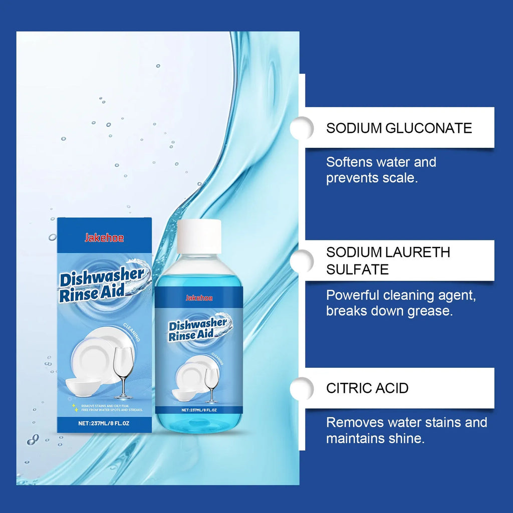 237ml bottle of liquid dishwasher detergent aid rinse agent for cleaning plates and kitchenware