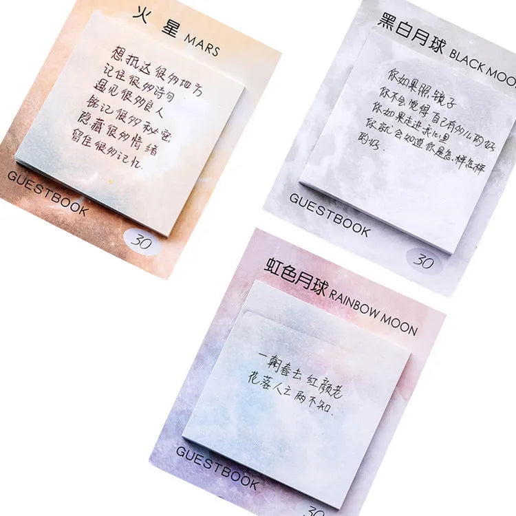 Square planet sticky notes pad with 7.3cm dimensions showing oil painting artwork of Earth, Mars, and moon designs
