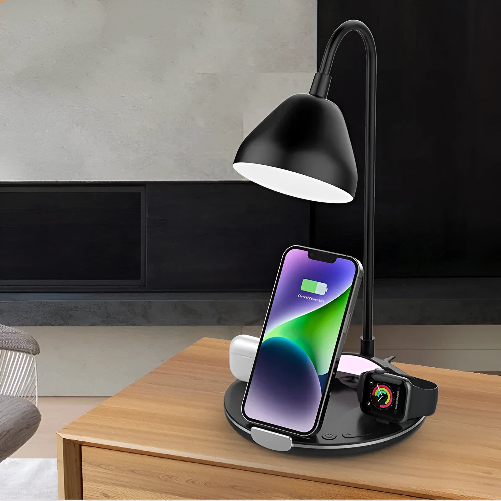 Black magnetic folding wireless charger showing both flat and upright positions with smartphone attached