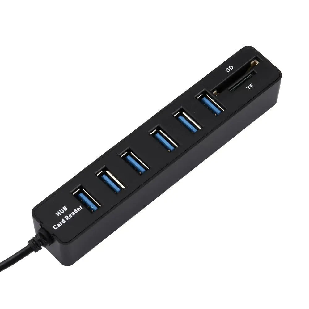 USB 2.0 hub with six ports and SD/TF card reader, black, 1cm cable length