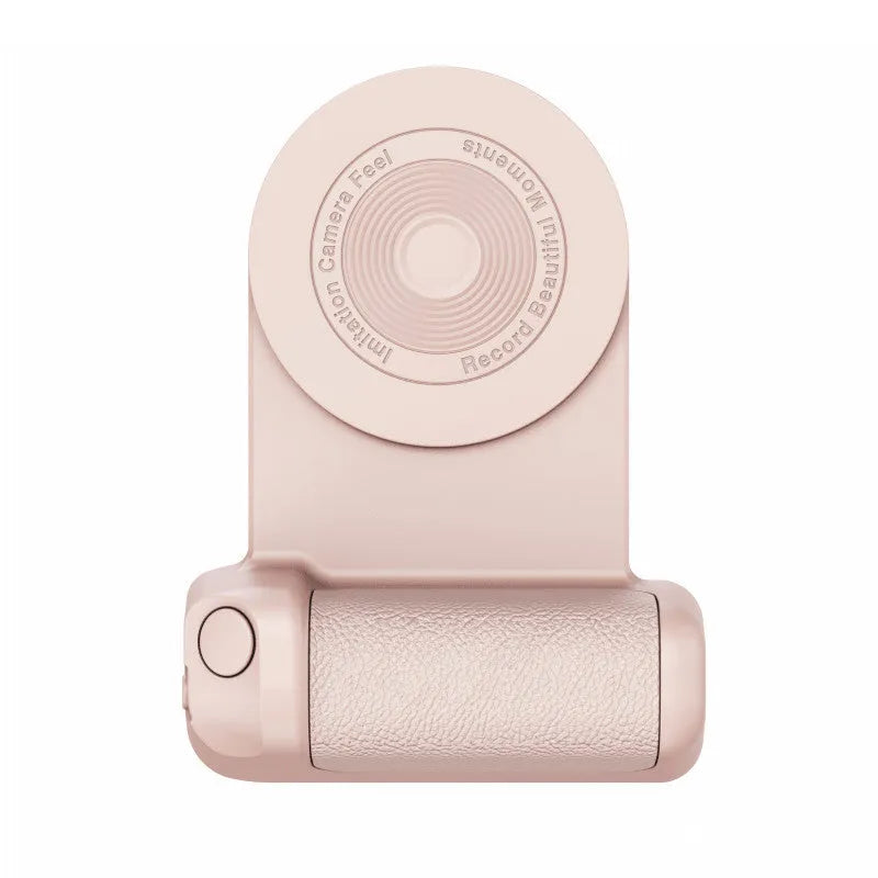Black 3-in-1 magnetic phone camera holder with ergonomic handle on a wooden table.