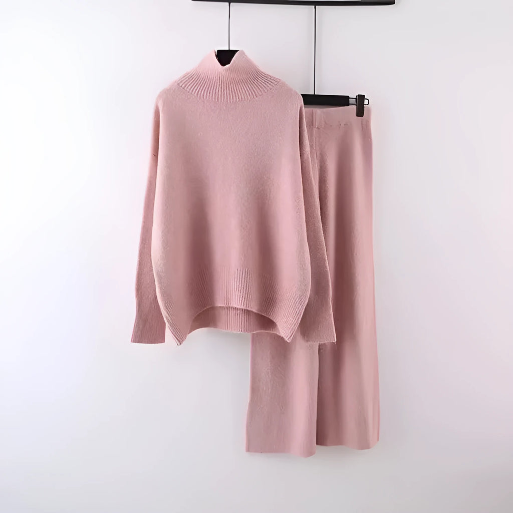 Women's beige acrylic fibre sweater and wide leg pants two-piece casual set.