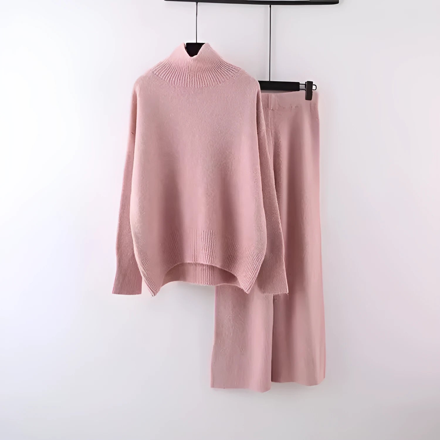 Women's beige acrylic fibre sweater and wide leg pants two-piece casual set.