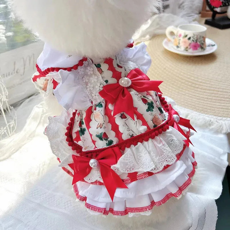 Rabbit skirt princess style dog dress on a small dog, showing the polyester fabric and skirt design.