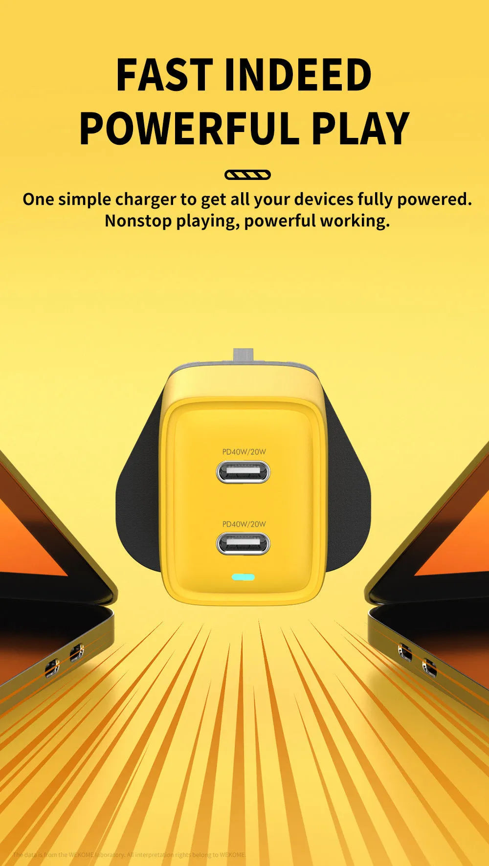 Gallium Nitride 40W mobile phone charging plug for Apple iPhone 14 in yellow with Type-C interface