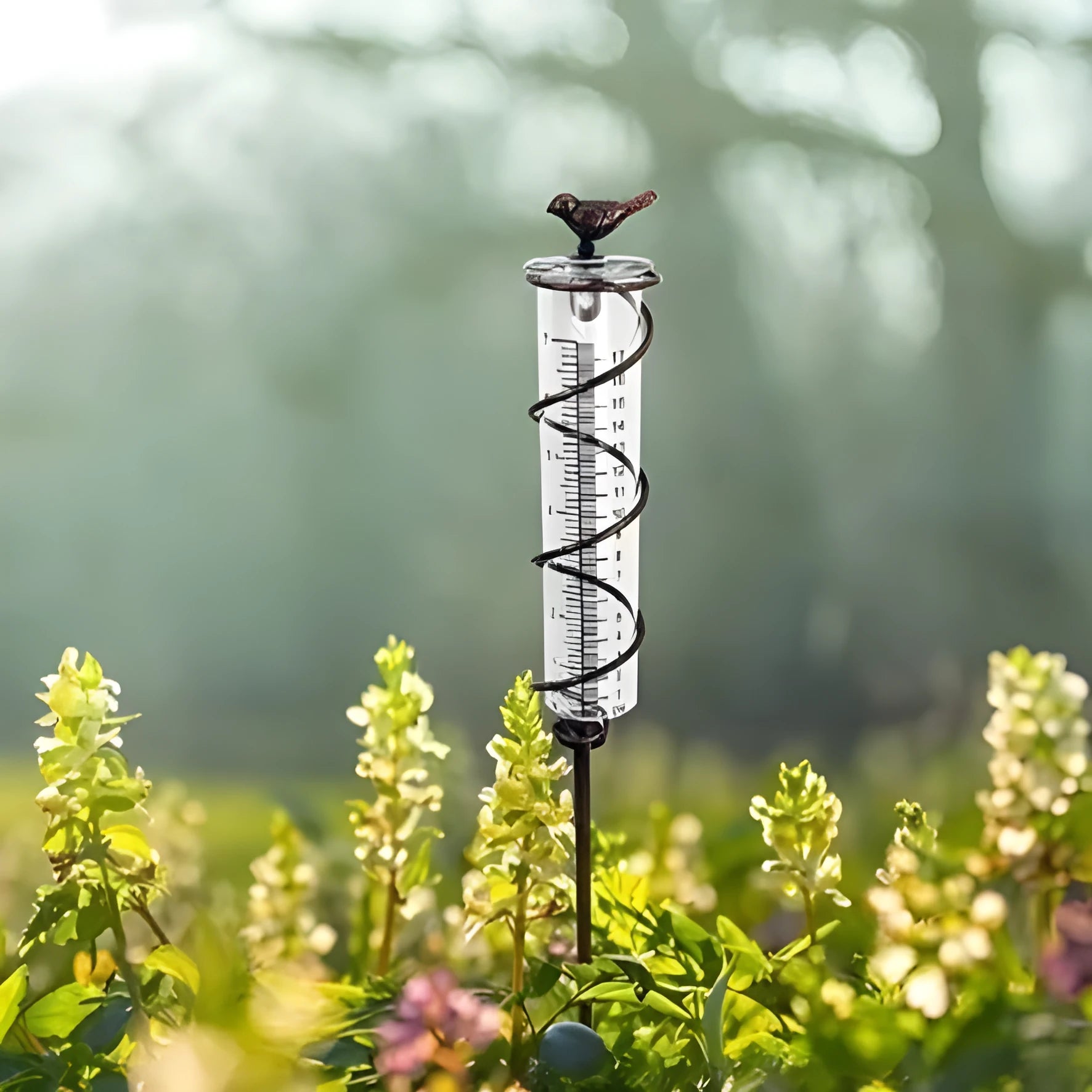 Garden rain gauge with cast iron bird decoration showing 0-800ml measurement scale
