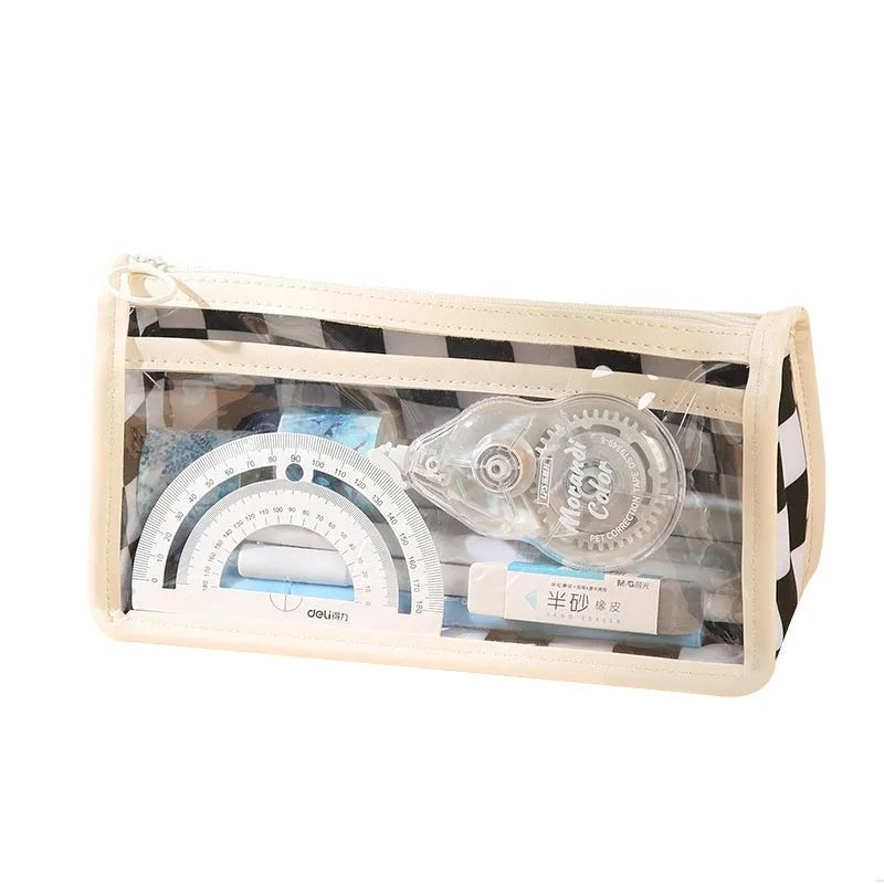 Transparent PVC pencil case with chessboard grid pattern showing pens inside, 21.5cm long