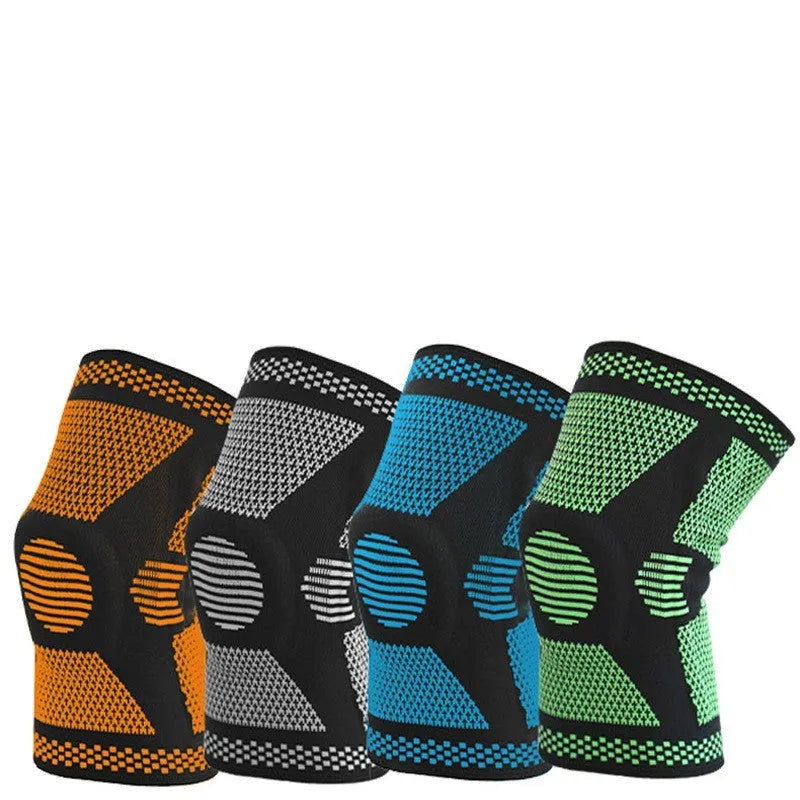Close-up of a polyamide sports knee pad with a visible silicone spring, shown in blue.