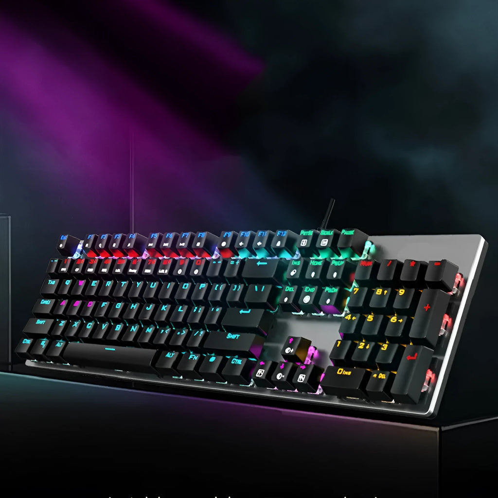 GK410 mechanical keyboard with 104 keys, metal construction, and backlight on desktop