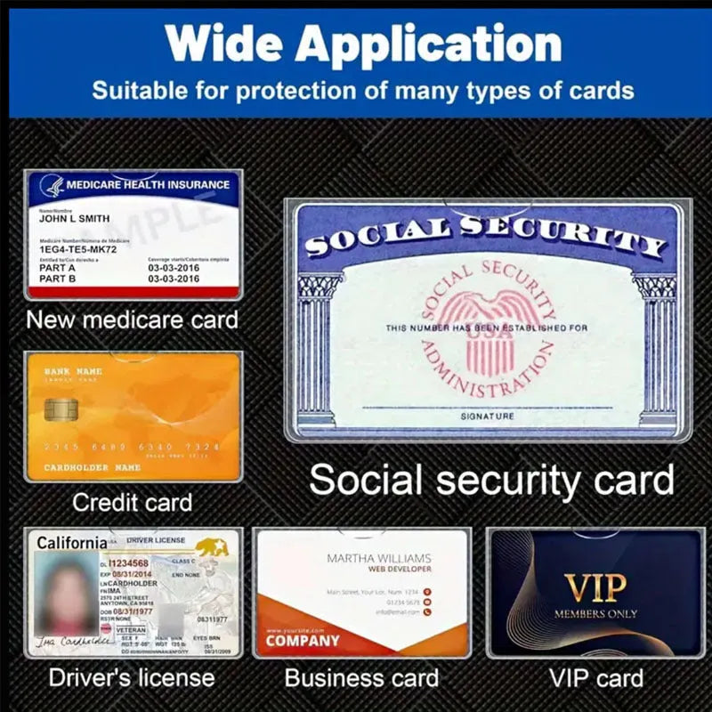 Clear PVC waterproof card holder for social security and ID cards measuring 9.7 by 5.9 centimetres.