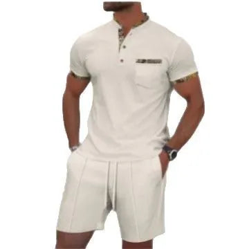 Men's grey cotton blend short sleeve suit with polo collar and matching shorts