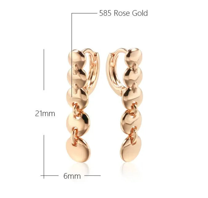 Retro long round circle earrings with woven copper construction and gold finish