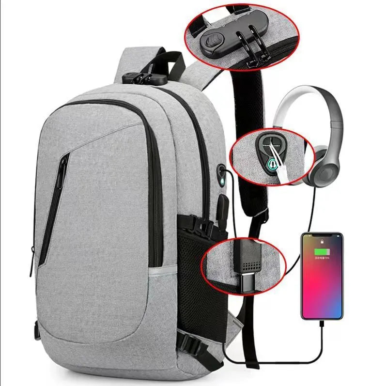 Oxford cloth computer backpack in blue colour showing front compartment and shoulder straps