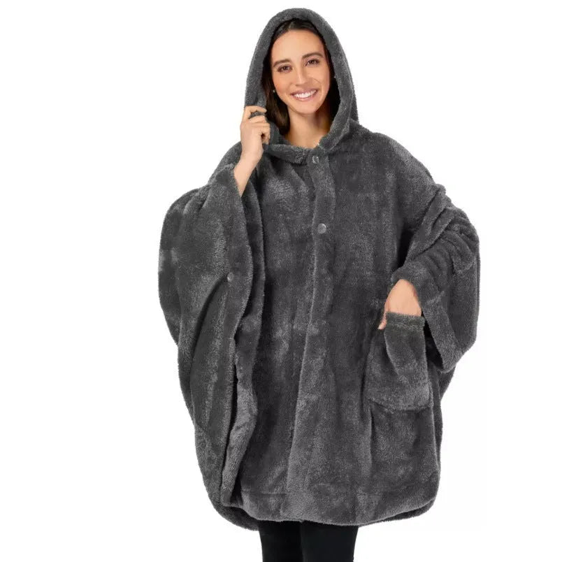 A super thick hooded bathrobe for adults in a free size, shown in black, dark grey, or pink.