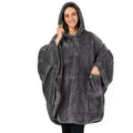 A super thick hooded bathrobe for adults in a free size, shown in black, dark grey, or pink.