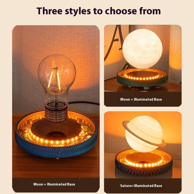 Magnetic suspension moon lamp floating above its base as a modern night light and decorative ornament.