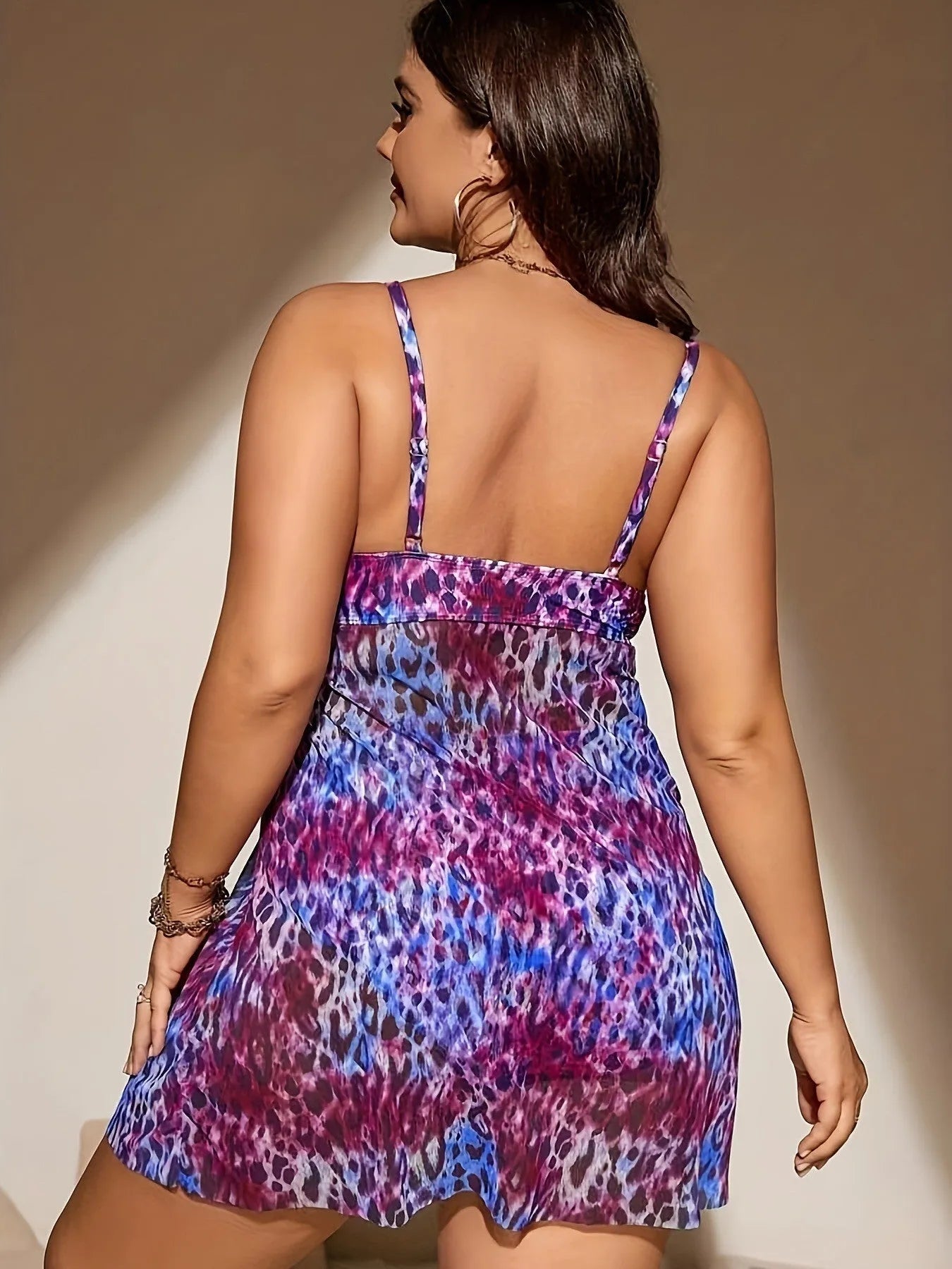 Plus size split skirt bikini set in red, rose red, blue, or purple, showing sleeveless top and shorts.