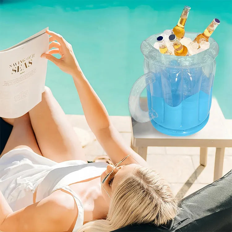 Yellow inflatable PVC ice bucket designed for holding beer steins and ice.