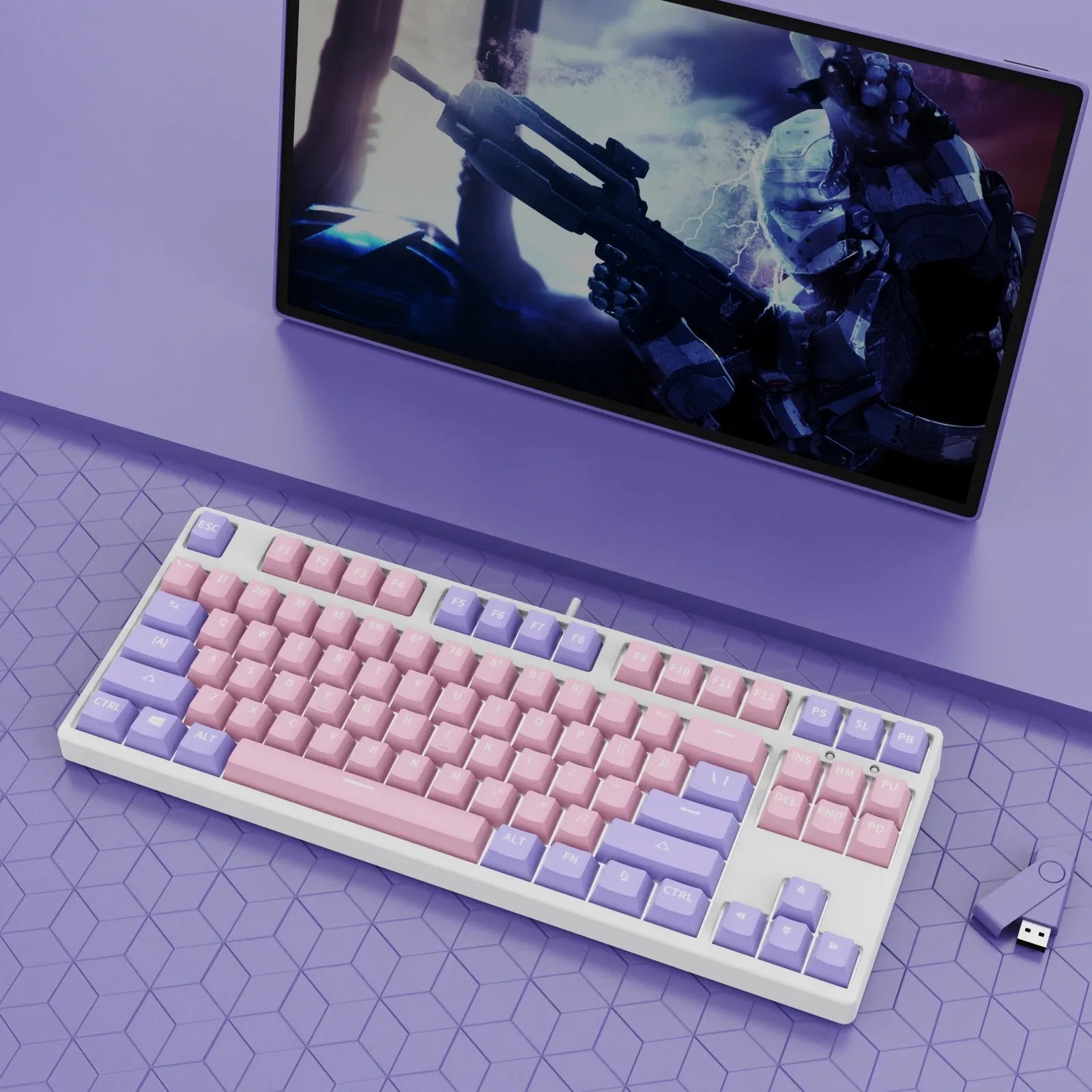 87-key wired mechanical gaming keyboard with colourful keycaps on a metal frame, shown with key puller and cable.