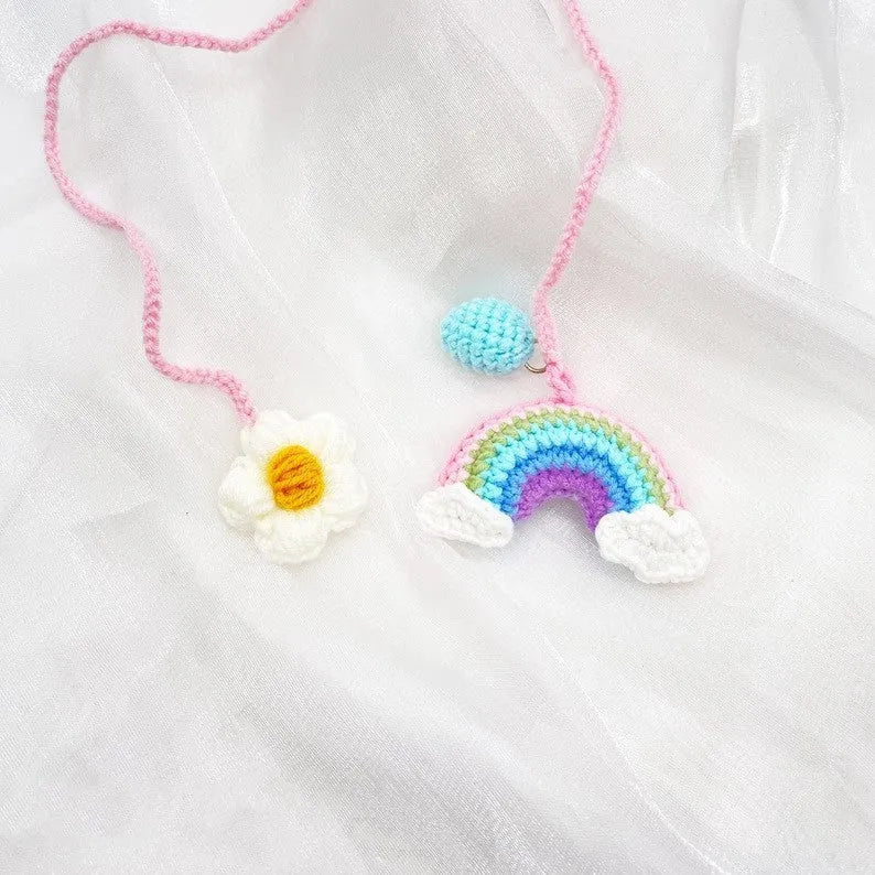 Handmade crocheted avocado rainbow flower car pendant in wool yarn for colourful vehicle interior decoration