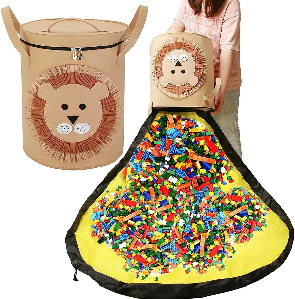 Green felt cube storage bag with pull rope that converts to flat play mat for toy organisation