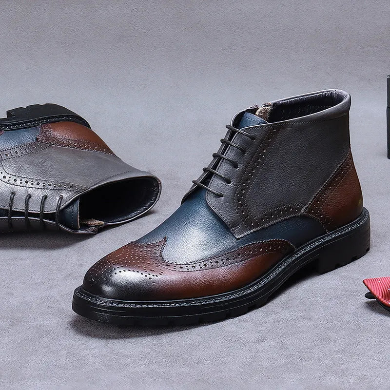 Men's curry blue leather Martin boots with vintage colour blocking and brogue detailing on a round toe.