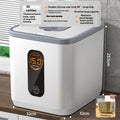 Grey plastic rice storage jar with sealed lid, shown with a free measuring cup, for 10kg 20kg or 30kg capacity.