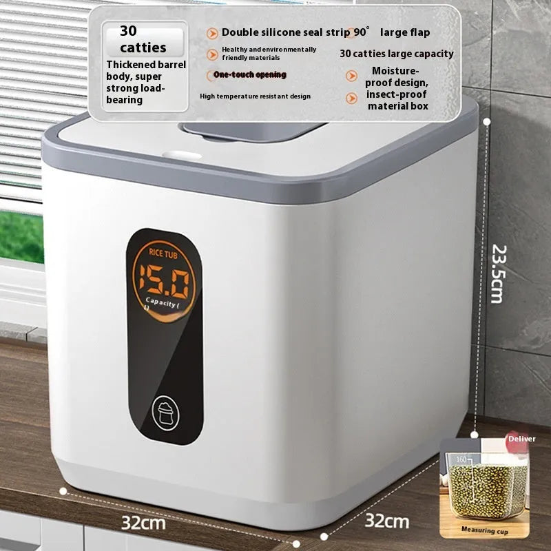 Grey plastic rice storage jar with sealed lid, shown with a free measuring cup, for 10kg 20kg or 30kg capacity.