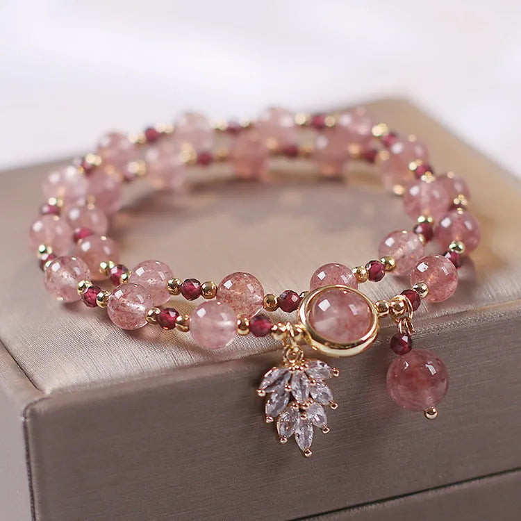 Double-layer crystal bracelet with Lucky Cat charm in Red Cat's Eye Flowers colour