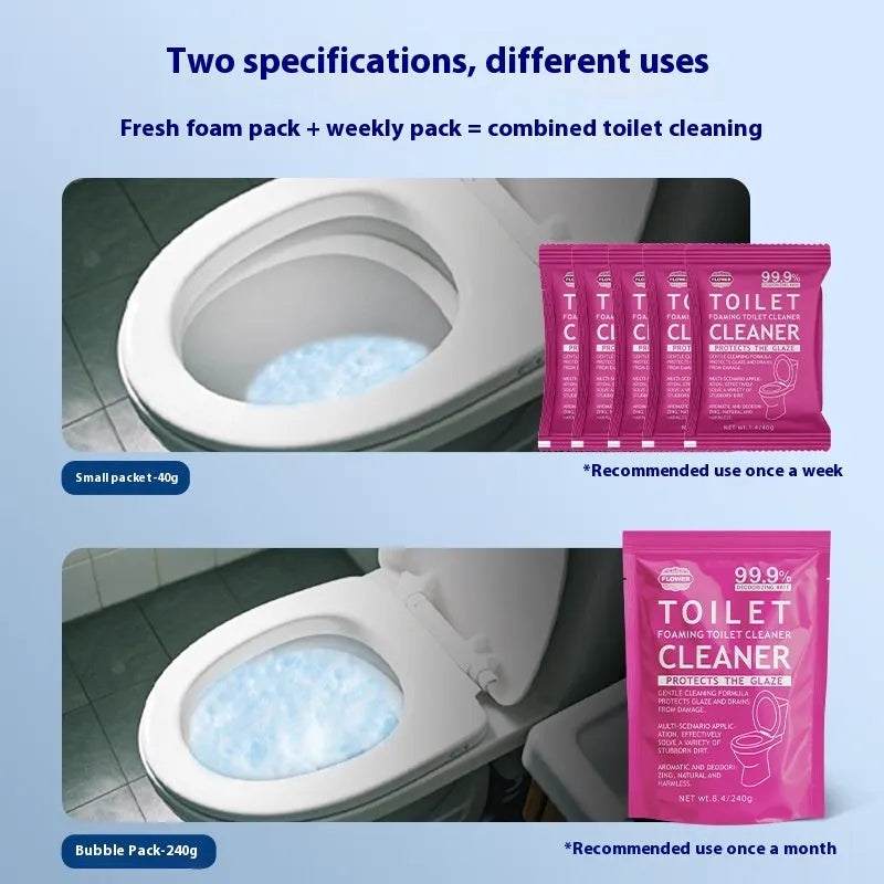 Toilet bubble powder cleaning product in blue ocean or pink floral fragrance options