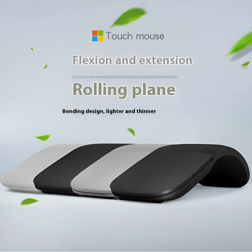 Black folding Bluetooth wireless touch mouse shown in open and closed positions next to a laptop.