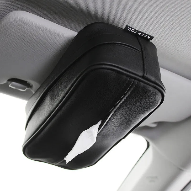 Black leather car hanging storage box with PU strap measuring 23x13x9cm