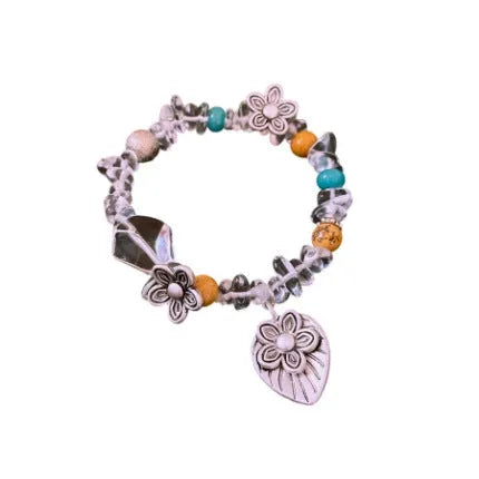 Retro ethnic style gravel flower bracelet for women, alloy electroplated, blue colour variant