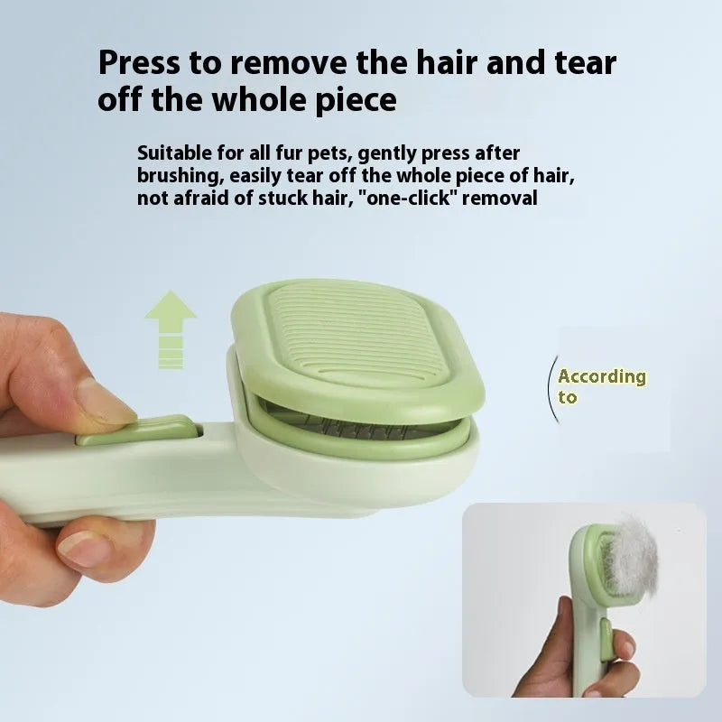 Large cat hair comb with one-click floating shaver for dog pet hair removal and knot untying in light grey.