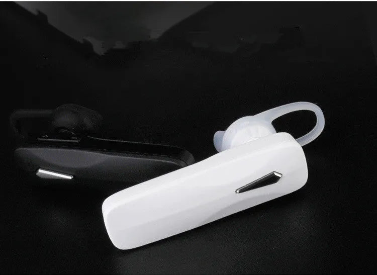 M163 black and white Bluetooth car headset with control buttons for calls and music.