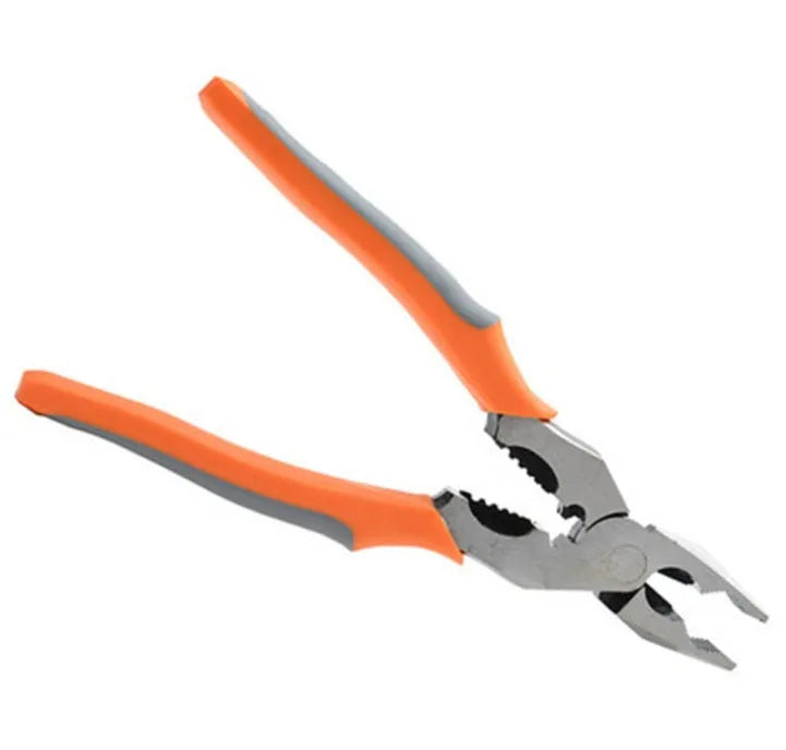 Orange 9-inch multi-function wire cutter pliers with alloy steel jaws and PVC grips.