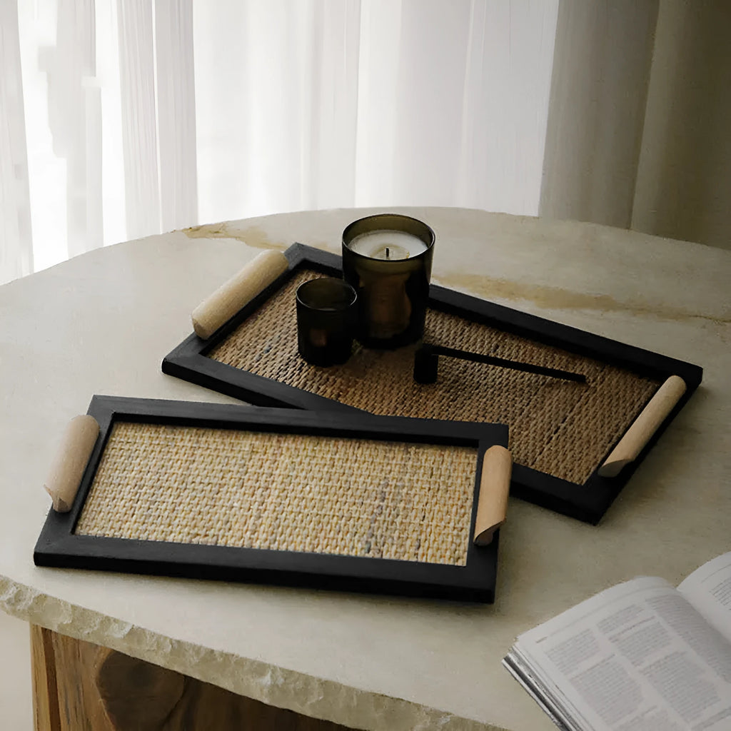 Pine wood dining tray with an integrated storage compartment, shown in large and small size options.