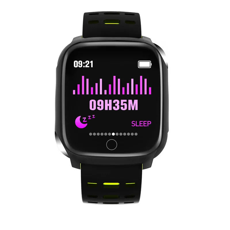 F16 smart watch with ECG monitor showing black green silicone wristband and touch screen display