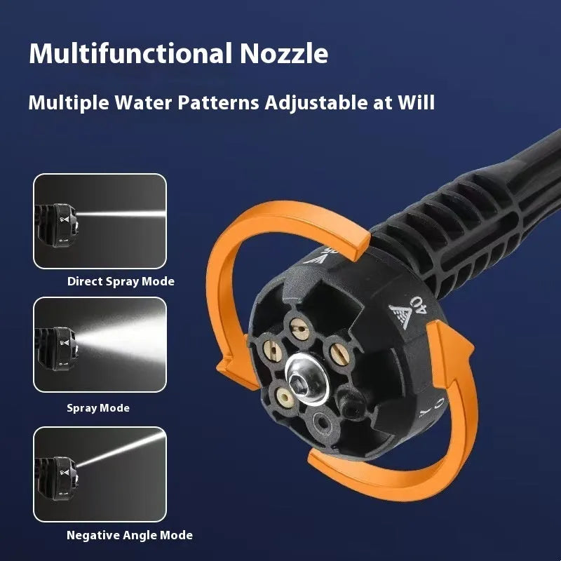 Green wireless high pressure water gun with multiple nozzle attachments on a table