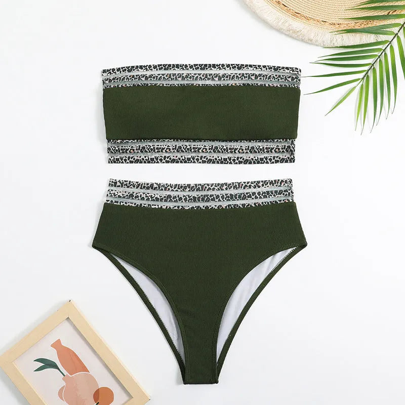 Black leopard print strapless swimsuit with colour block design and brief style