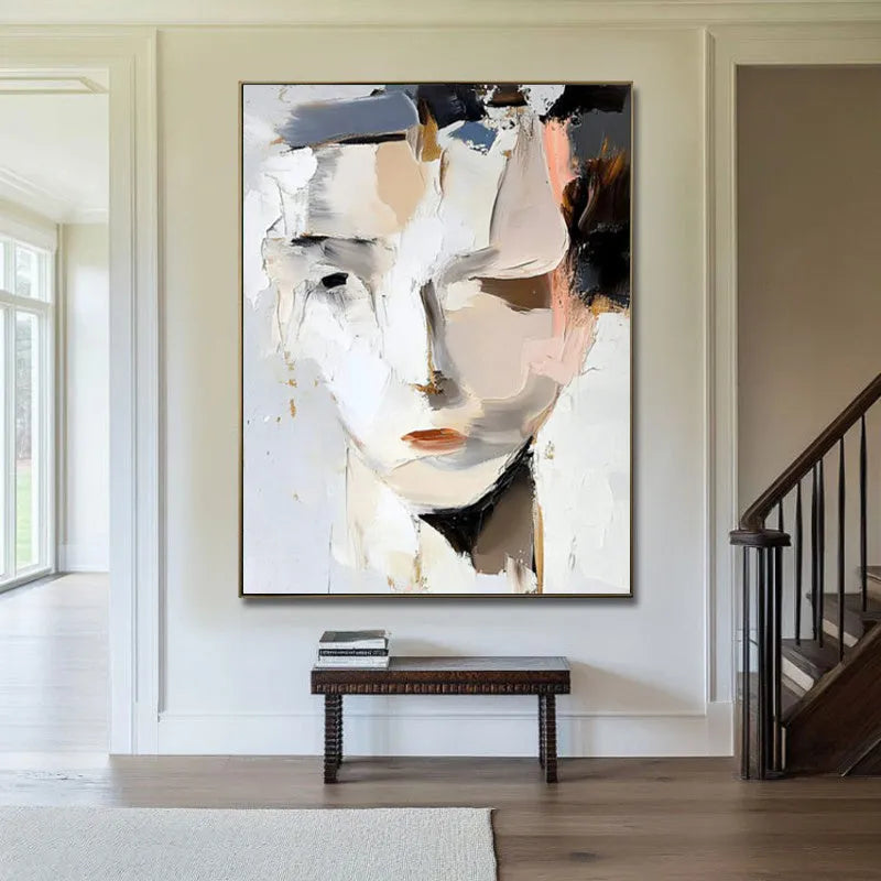 Abstract woman face hand-painted oil painting on canvas, modern black and white vertical wall art