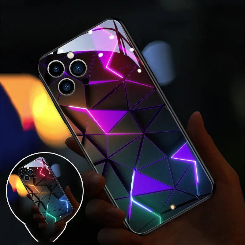Xpress 14 tempered glass mobile phone case with yellow and green diamond grid pattern and integrated incoming light.
