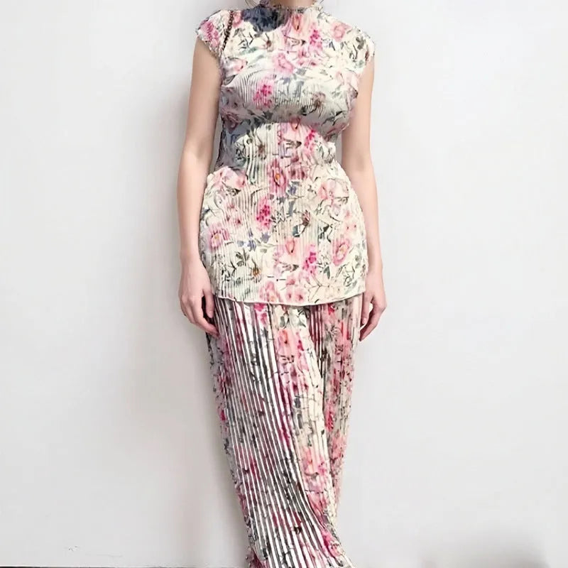 Women's long sleeve printed chiffon dress set with high waist skirt and matching top.