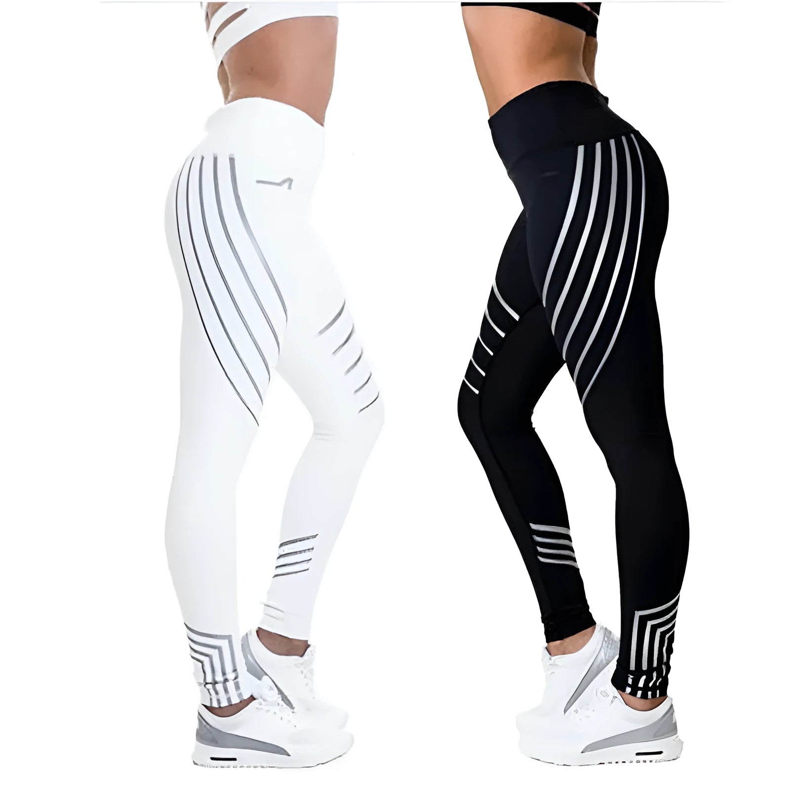 Women's black workout leggings with glow in the dark print pattern for fitness activities