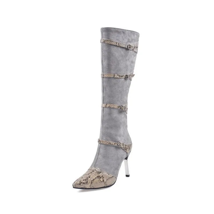 Grey and black women's knee-high stiletto heel boots with a velvet lining.
