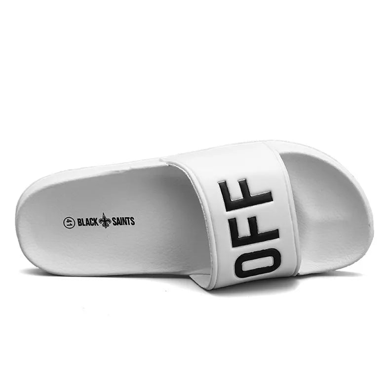 Large size personalised men's slippers with open toe design in black or white colour options