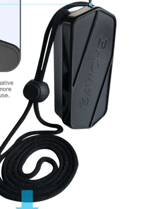 Black portable air purifier necklace wearable personal ioniser with plastic housing.