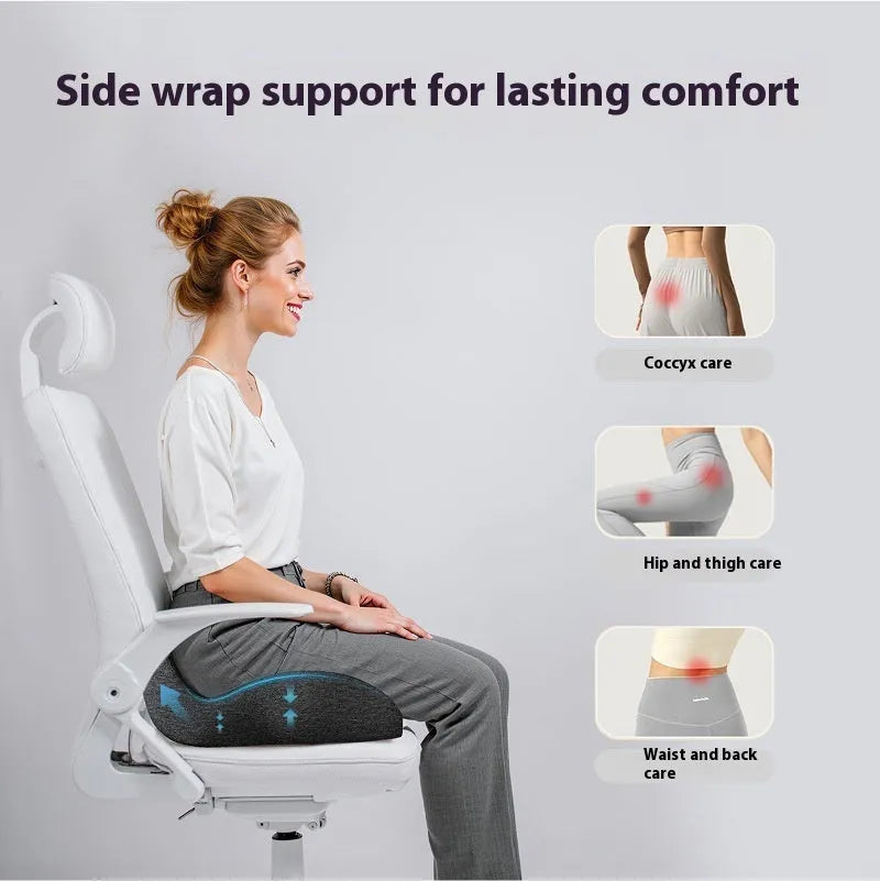 Solid colour memory foam office chair cushion showing light grey, black, and green options.
