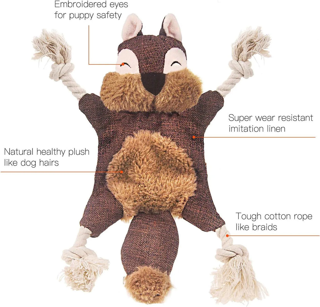 Brown fox-shaped plush dog toy with cotton rope arms and legs and embroidered eyes