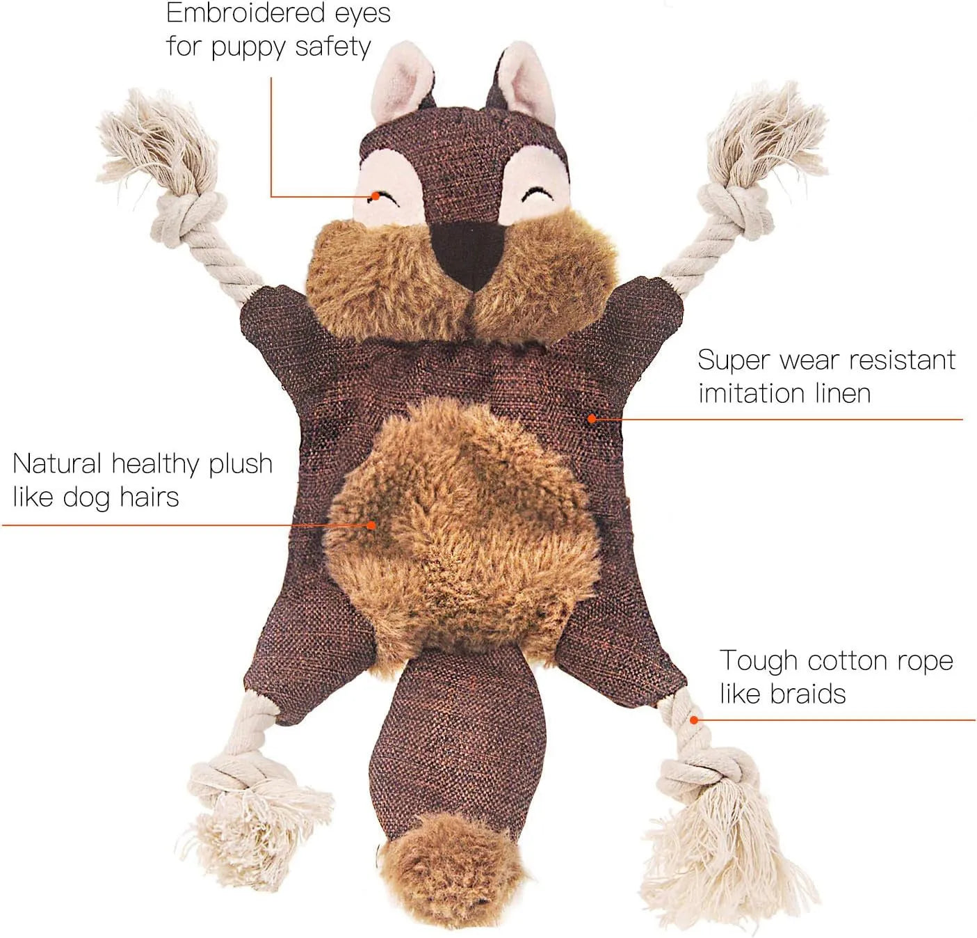Brown fox-shaped plush dog toy with cotton rope arms and legs and embroidered eyes